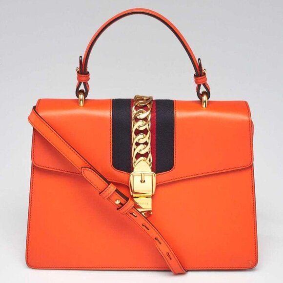 Gucci Orange Leather Calfskin Leather Vintage Web Medium Sylvie Shoulder Bag - Picture 1 of 11